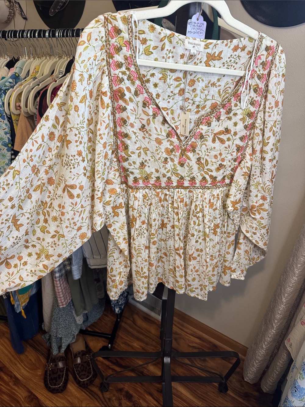Cost Plus World Market Cream Floral Boho Tunic with Mustard and Pink Accents